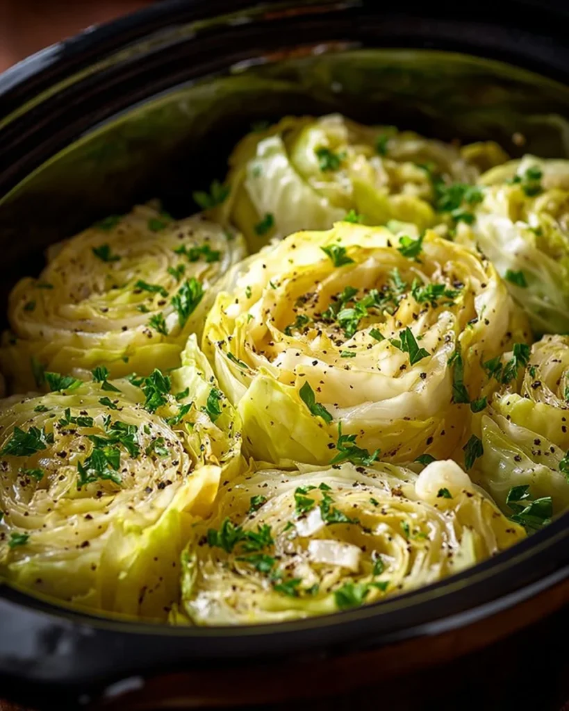 Delicious slow cooker buttered cabbage in a serving dish