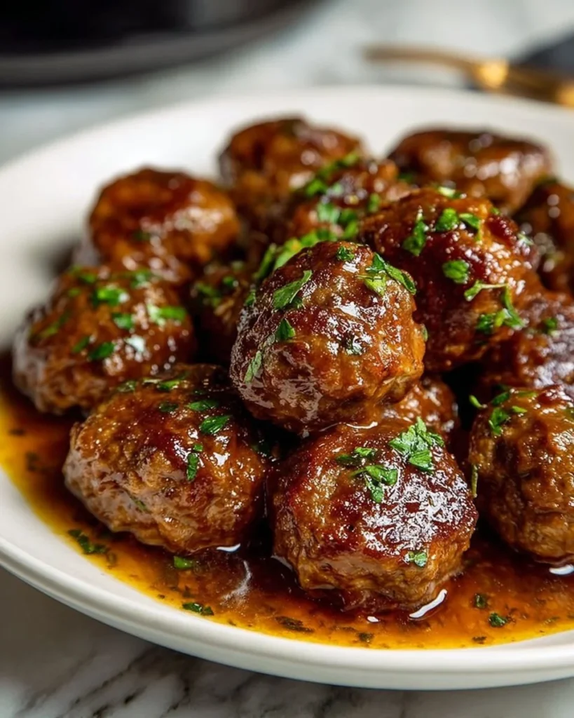 Plate of slow cooker Salisbury steak meatballs served with gravy and mashed potatoes