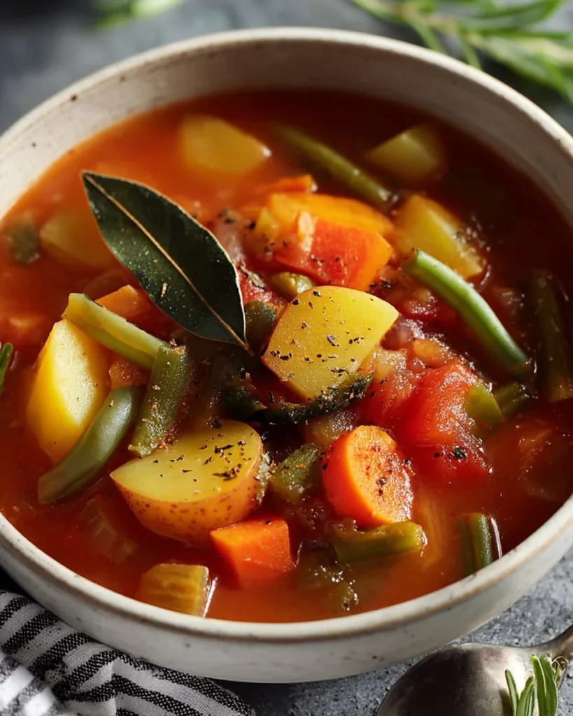 A bowl of hearty slow cooker vegetable soup with colorful veggies.