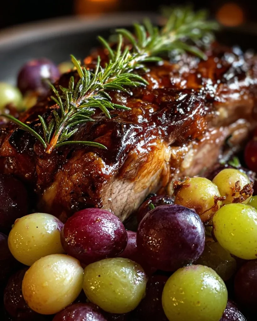 Slow-roasted lamb shoulder garnished with garlic cream and caramelized grapes.