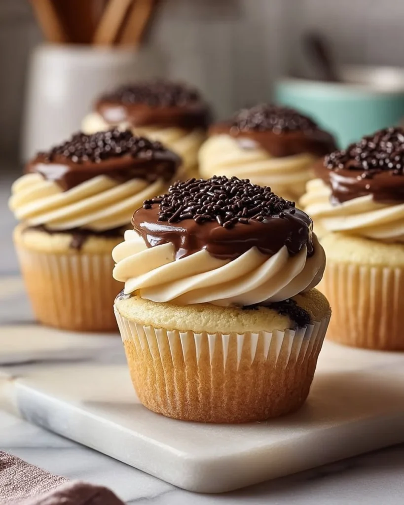 Small batch vegan Boston Cream Pie Cupcakes topped with chocolate ganache