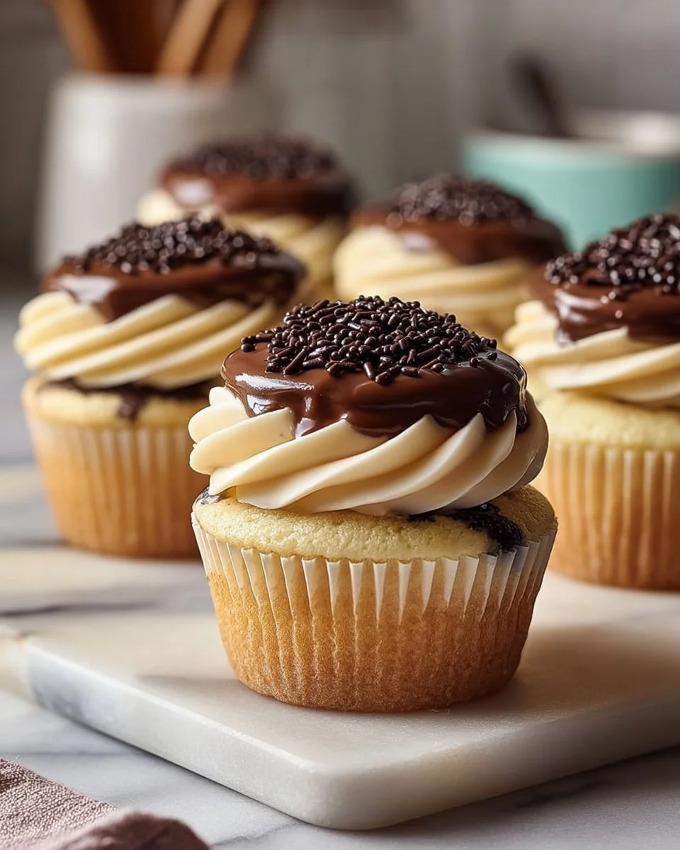 Small batch vegan Boston Cream Pie Cupcakes topped with chocolate ganache