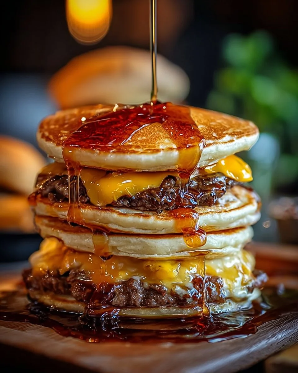 Delicious Smash Burger Pancakes topped with savory ingredients and maple syrup