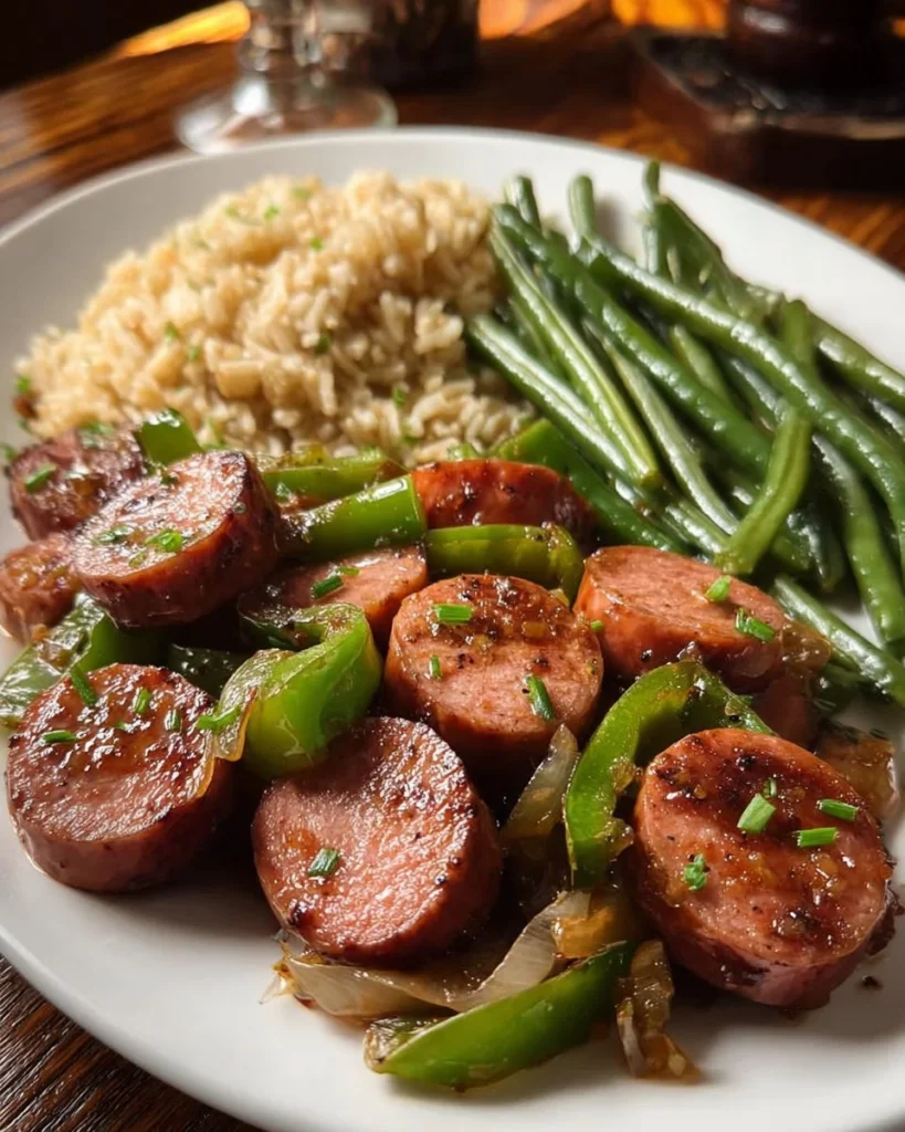 Smoked sausage with peppers, green beans, and rice on a plate