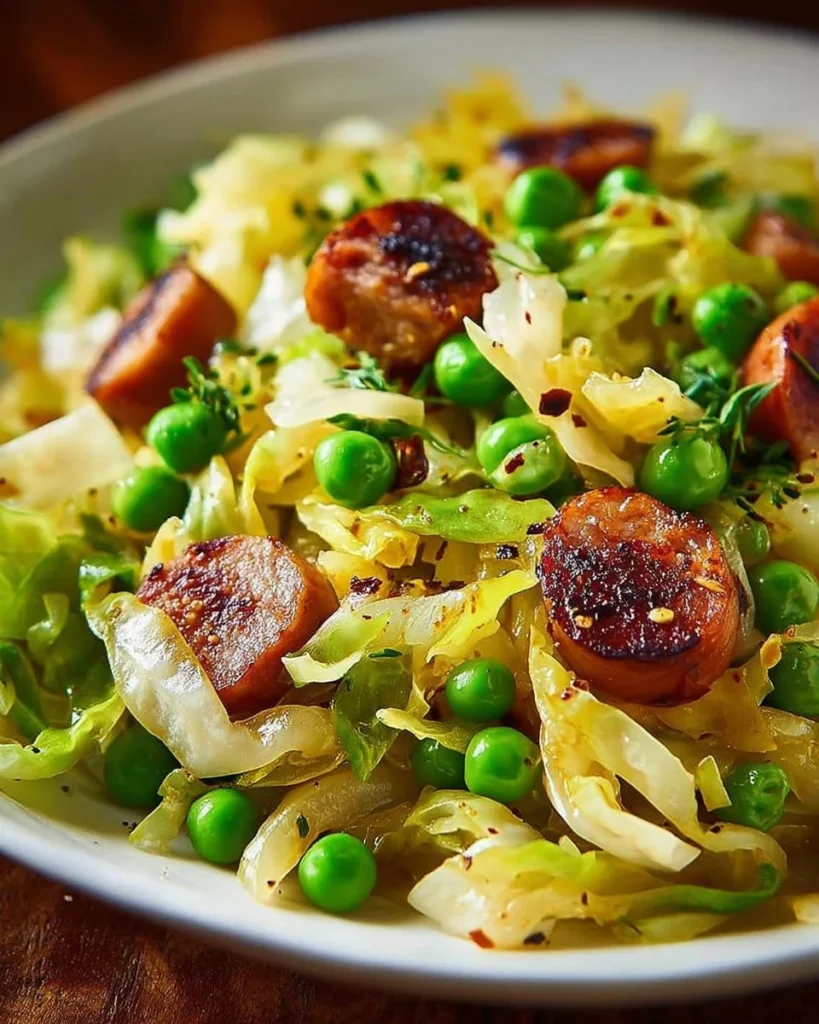 Dish of smoked sausage with cabbage and noodles served on a plate