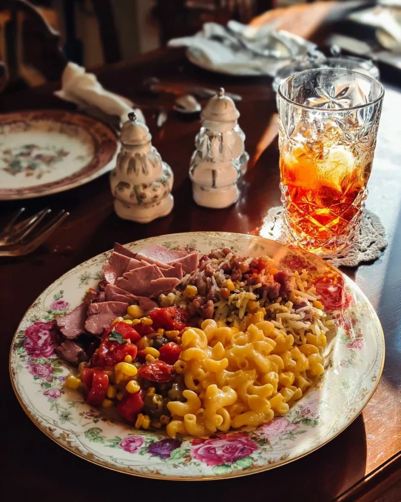 Delicious smoked turkey leg with triple succotash on rice and mac-n-cheese