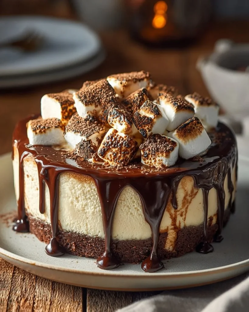 Delicious S'mores Cheesecake topped with chocolate and marshmallows.