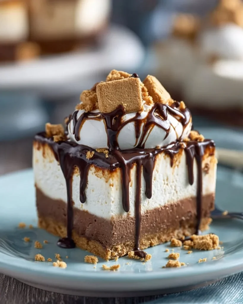 Delicious S'mores Cheesecake topped with marshmallows and chocolate drizzle