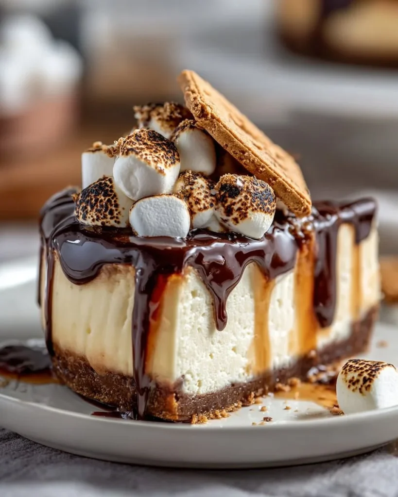 Delicious S'mores Cheesecake topped with graham crackers and chocolate drizzle