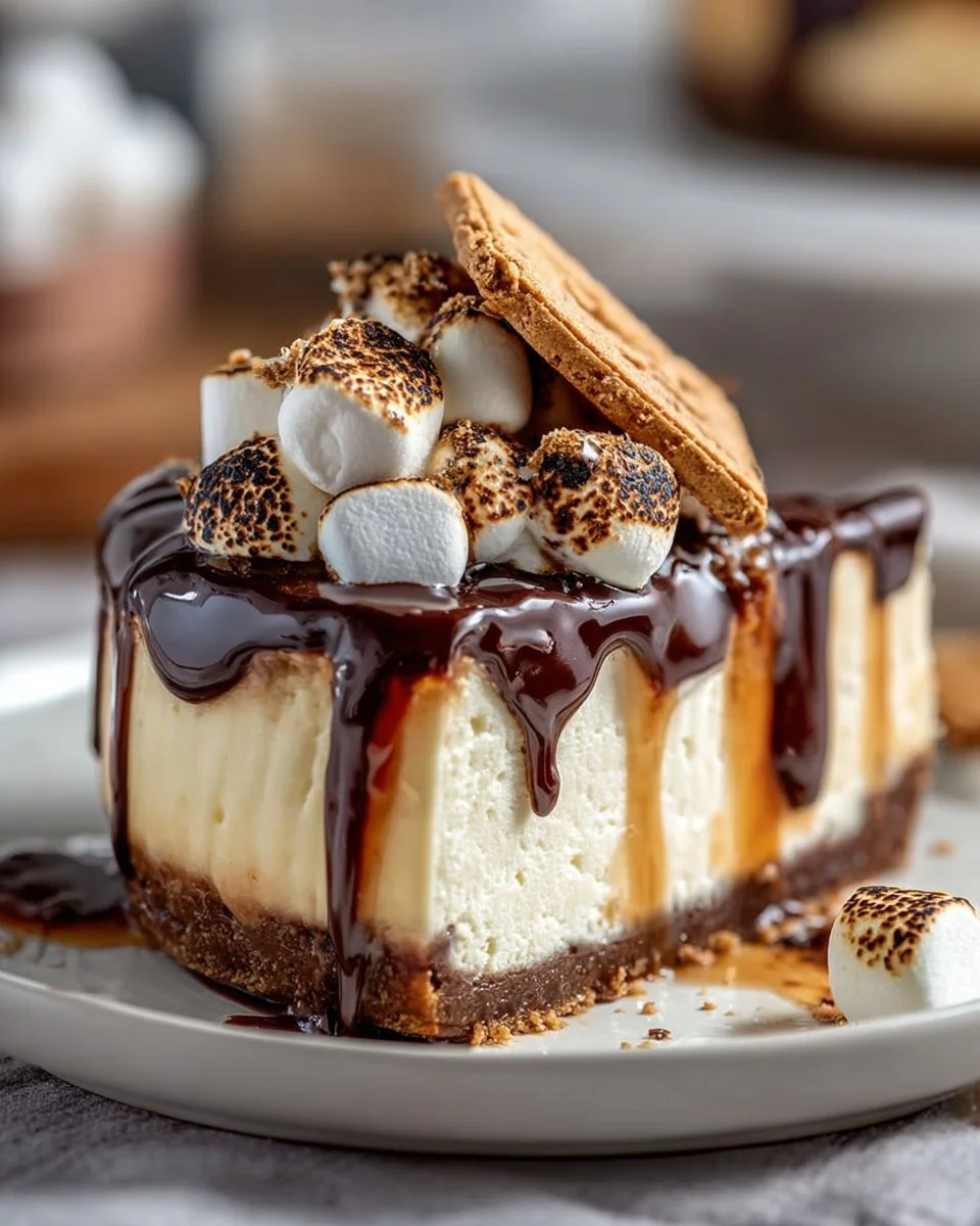 Delicious S'mores Cheesecake topped with graham crackers and chocolate drizzle