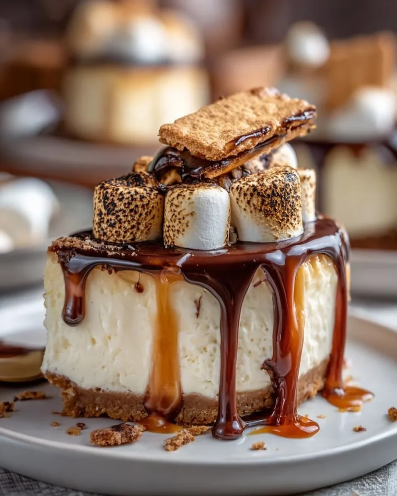 Delicious S'mores Cheesecake with layers of chocolate, marshmallow, and graham cracker crust