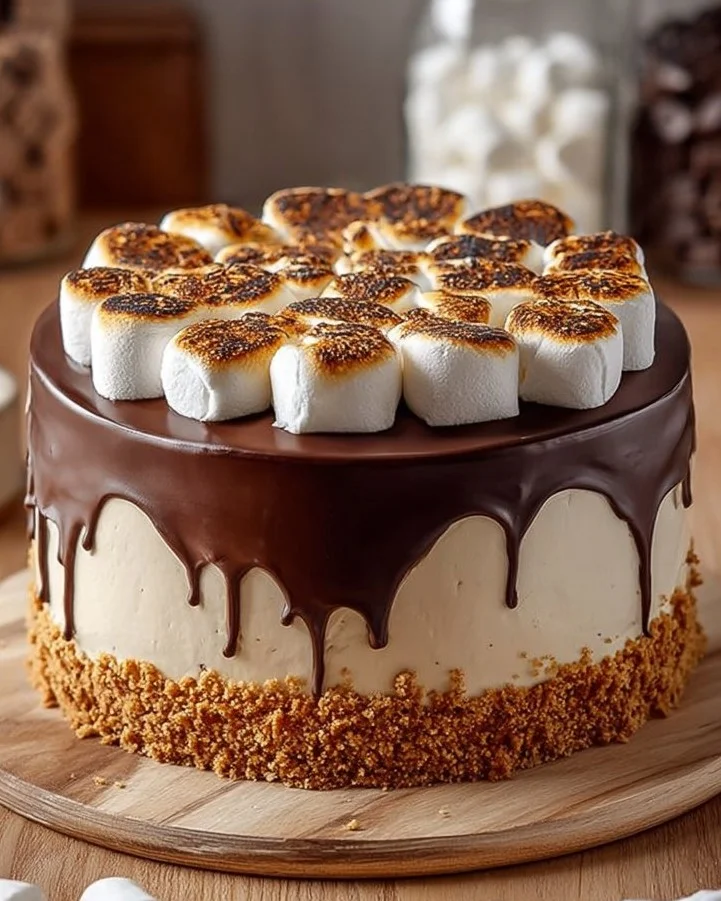 Delicious S'mores Cheesecake topped with chocolate and marshmallows