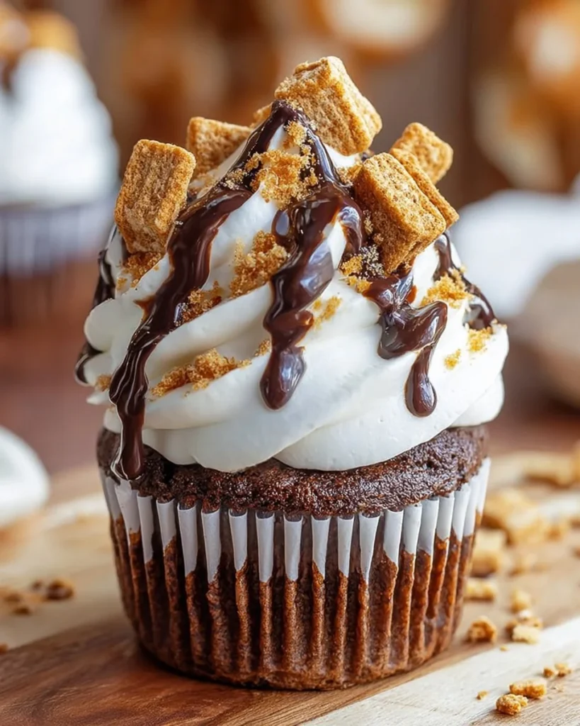 Delicious S'mores Cupcakes topped with chocolate and graham cracker crumbs