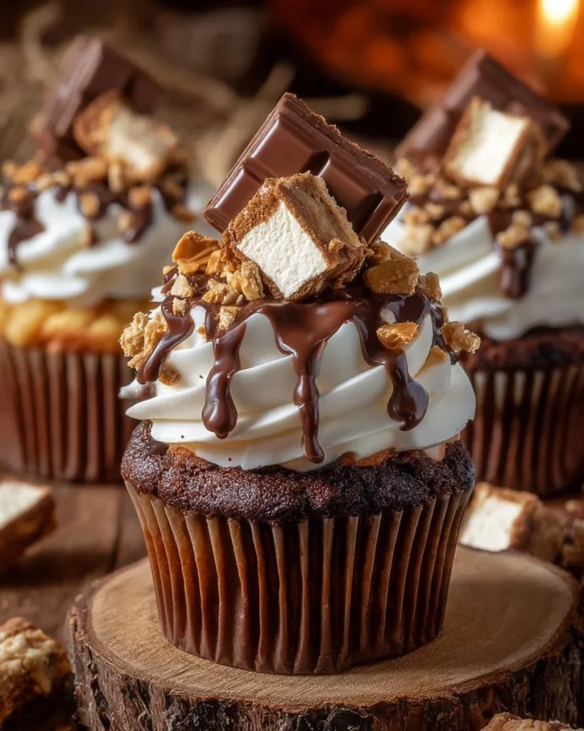 Delicious s'mores cupcakes topped with chocolate, graham cracker crumbs, and marshmallow.
