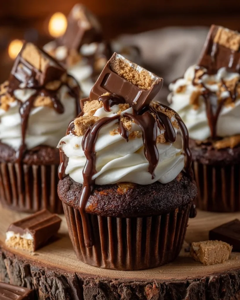 Delicious S'mores Cupcakes topped with chocolate and marshmallows