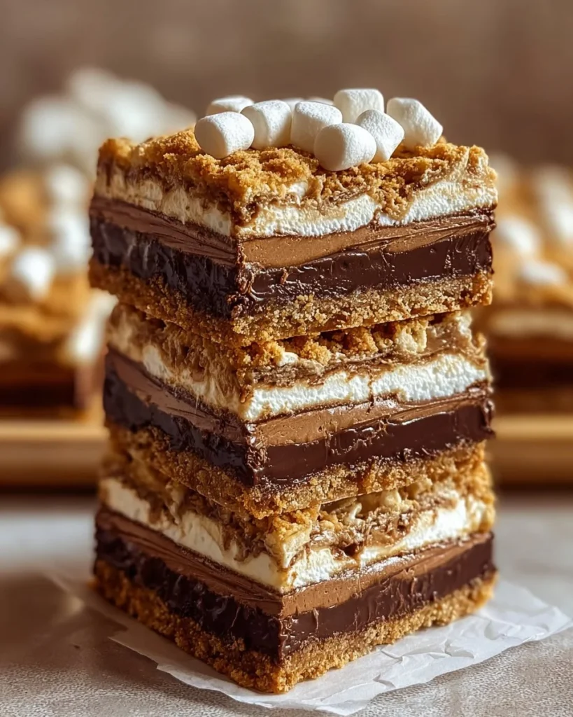 Delicious S'mores Seven Layer Bars with chocolate, marshmallows, and graham crackers