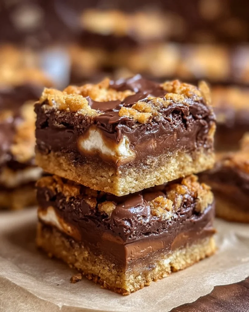 Delicious S'mores Seven Layer Bars with layers of chocolate and marshmallows.