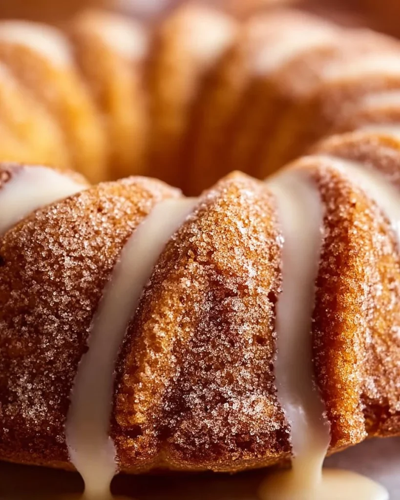 Moist Snickerdoodle Bundt Cake topped with cinnamon sugar and drizzled glaze
