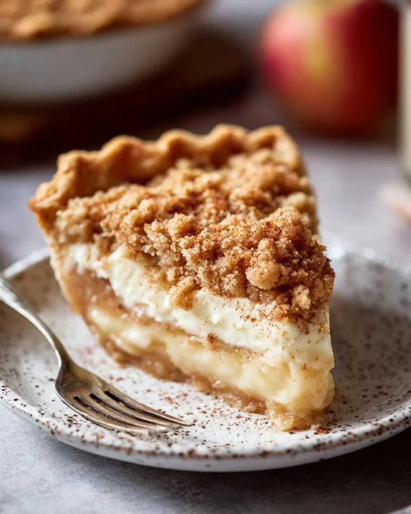 Slice of snickerdoodle cream cheese apple pie adorned with cinnamon sugar