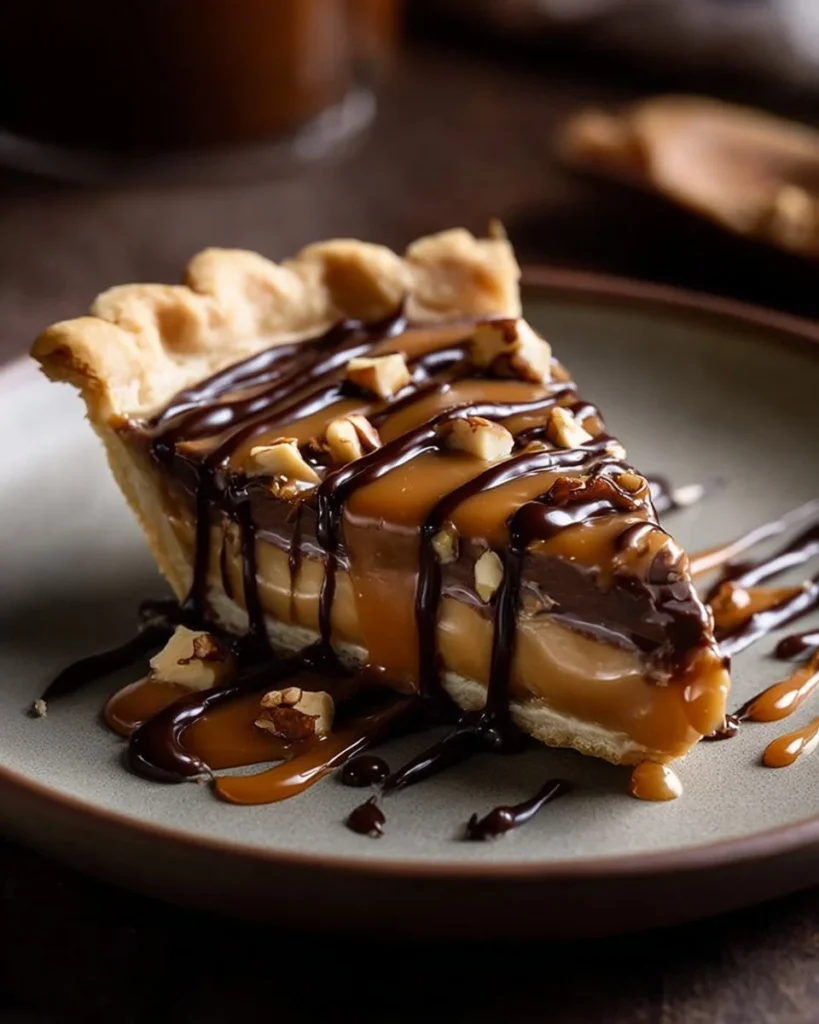 Delicious Snickers Caramel Tart with chocolate, caramel, and peanut toppings