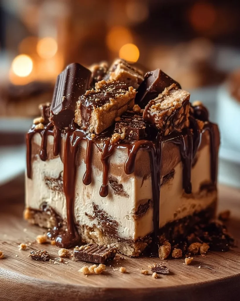 Delicious Snickers Cheesecake topped with caramel and chocolate