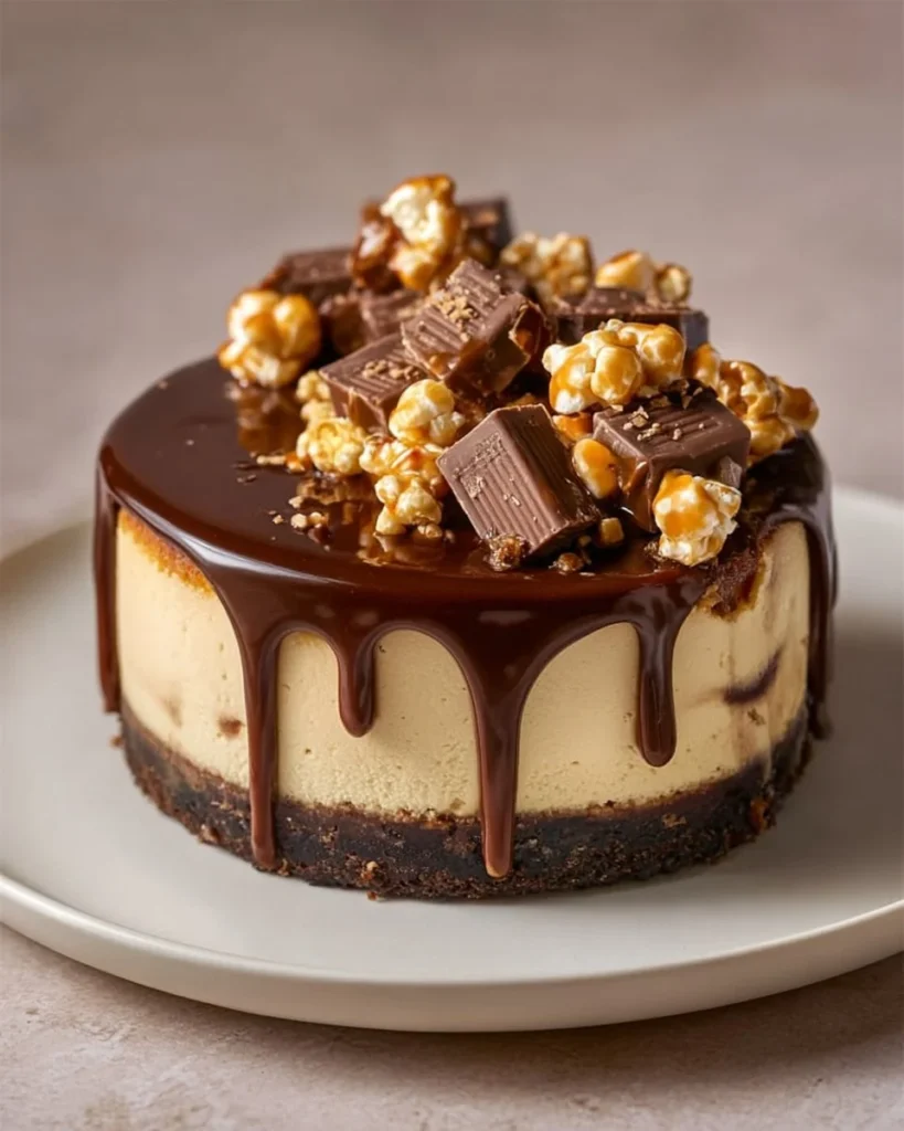 Delicious Snickers Cheesecake topped with caramel and chocolate sauce