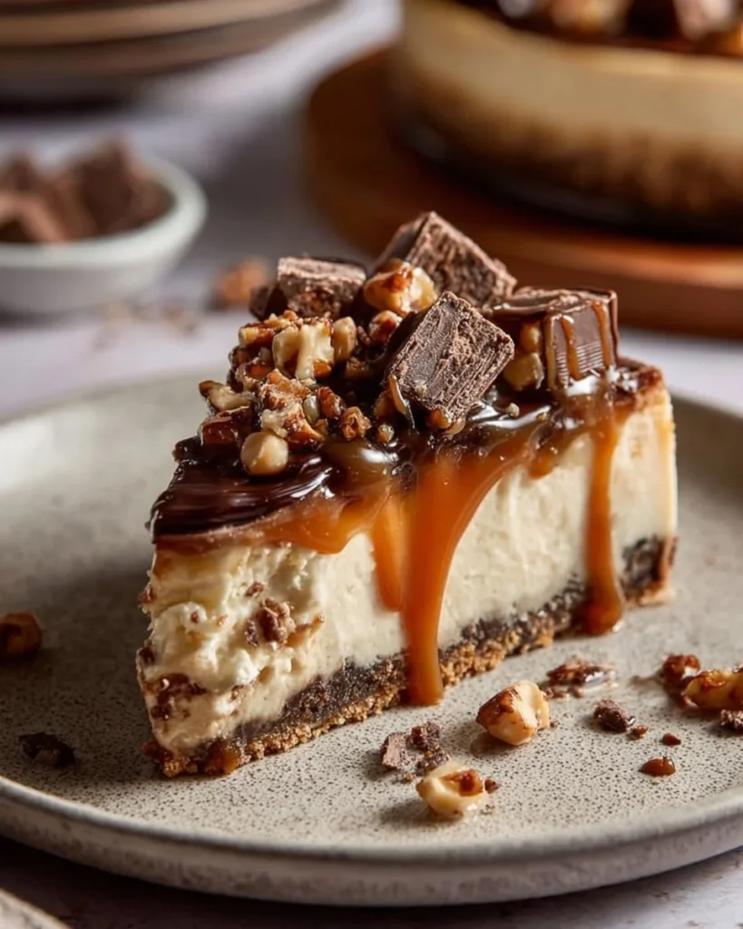 Delicious Snickers Cheesecake with chocolate, caramel, and peanuts topping