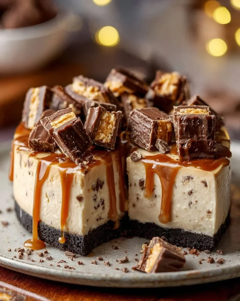 Deliciously rich Snickers Cheesecake topped with chocolate and caramel