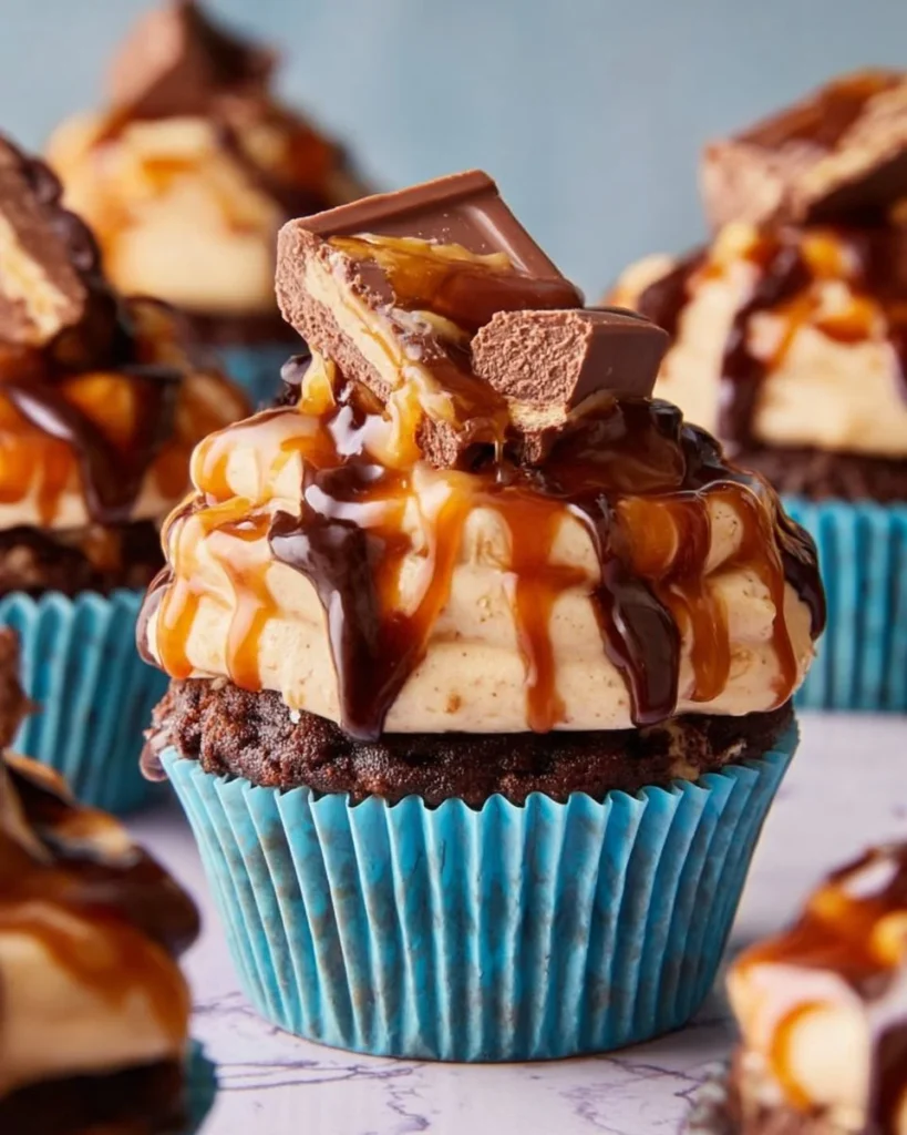 Freshly baked Snickers Muffins with chocolate, caramel, and peanuts