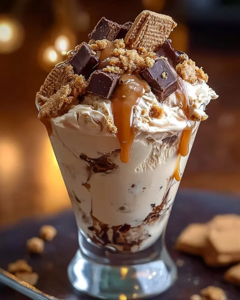 A bowl of Snickers & Reese's cookie dough ice cream topped with chunks and swirls.