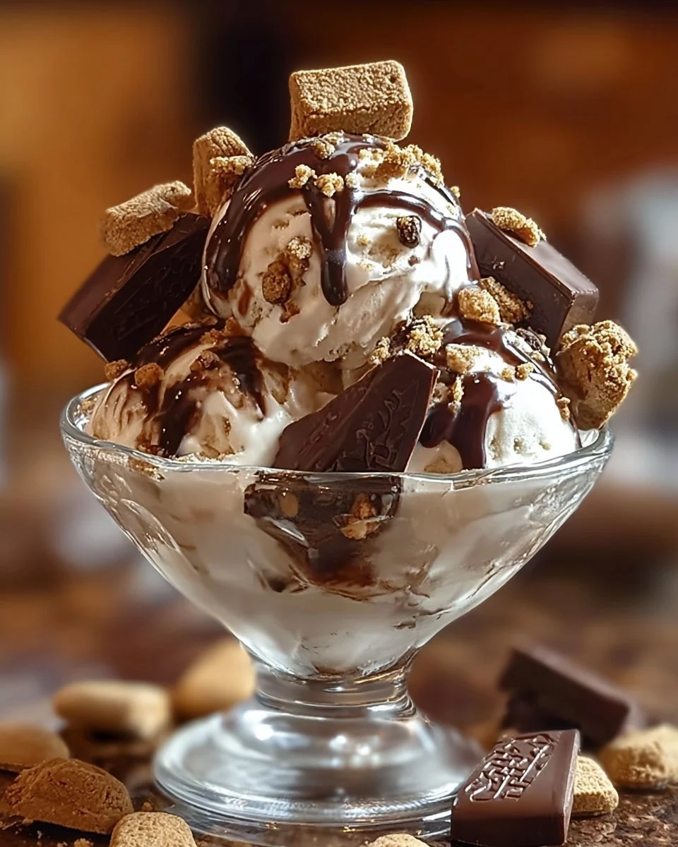 Delicious Snickers and Reese's cookie dough ice cream served in a bowl