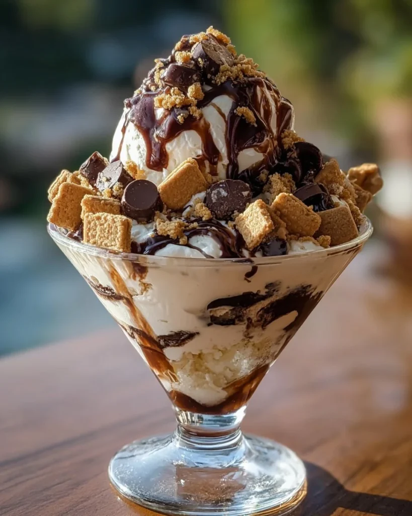 Delicious Snickers and Reese's cookie dough ice cream topped with chocolate.