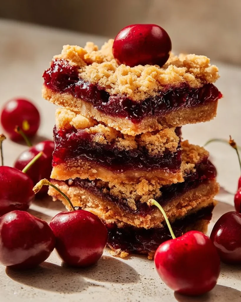 Delicious Southern Cherry Cobbler Bars served on a plate with fresh cherries.
