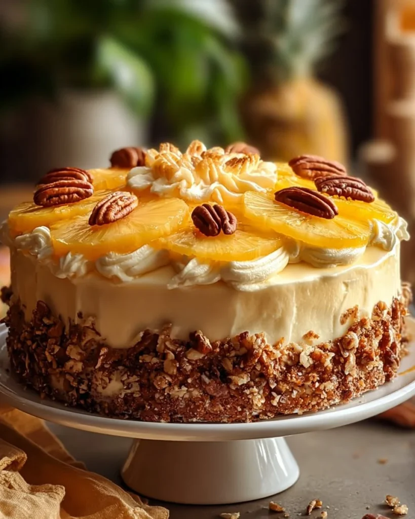 Southern Creamy Pineapple Pecan Cake topped with pecans and pineapple slices