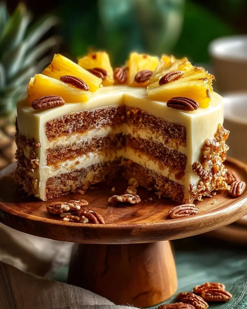 Slice of Southern Creamy Pineapple Pecan Cake with pecans and pineapple topping