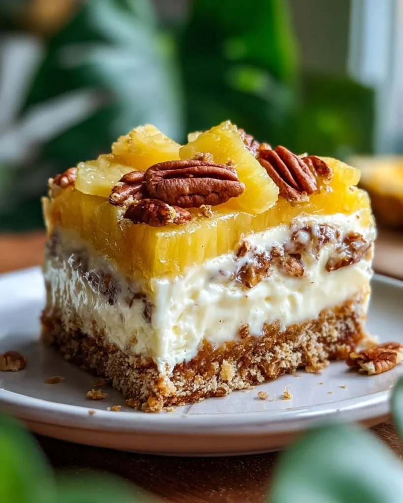 Southern Creamy Pineapple Pecan Cake topped with pecans and pineapple slices