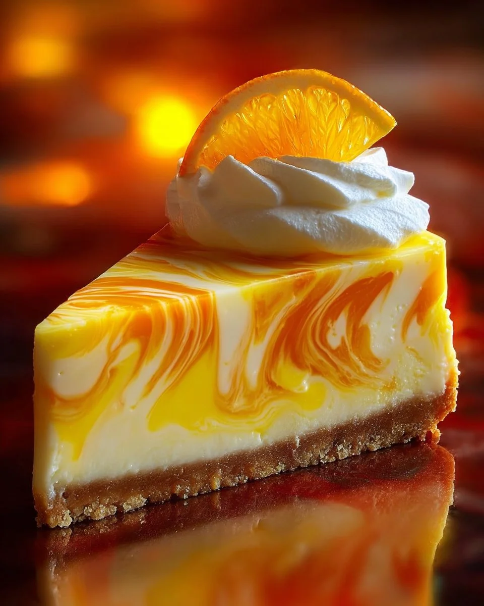 Slice of Southern Pineapple Orange Swirl Cheesecake with tropical fruit topping.
