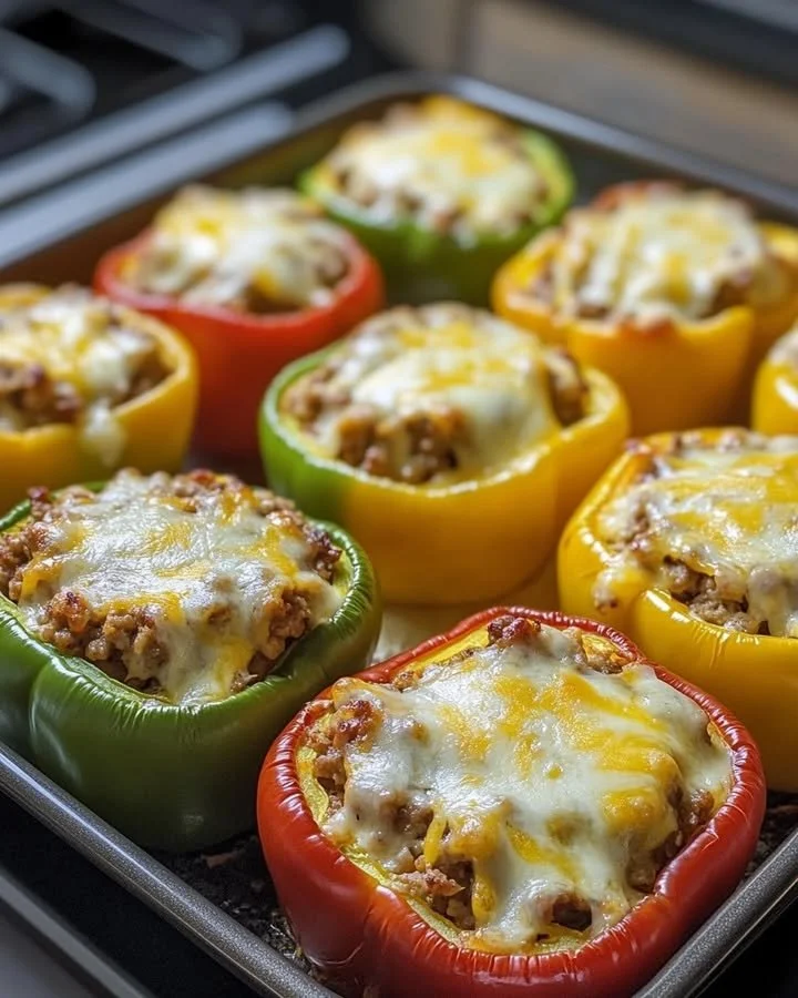 Colorful Southwestern stuffed bell peppers filled with rice, beans, and spices.