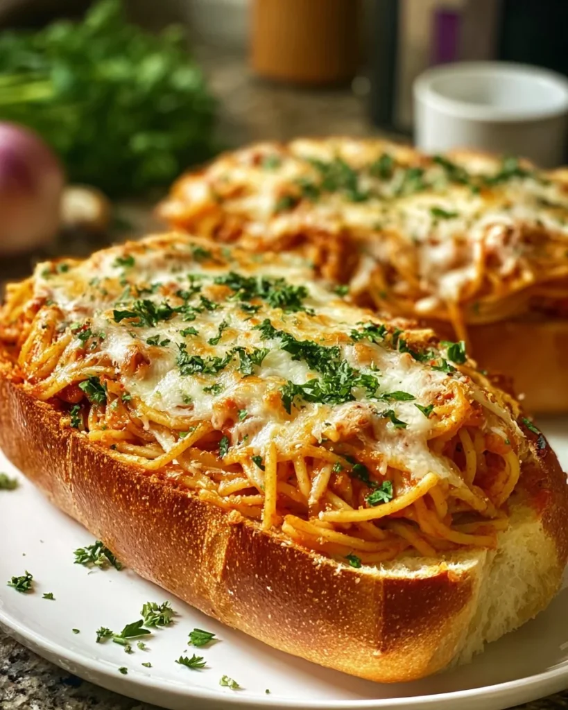 Spaghetti stuffed garlic bread subs filled with cheesy spaghetti and herbs