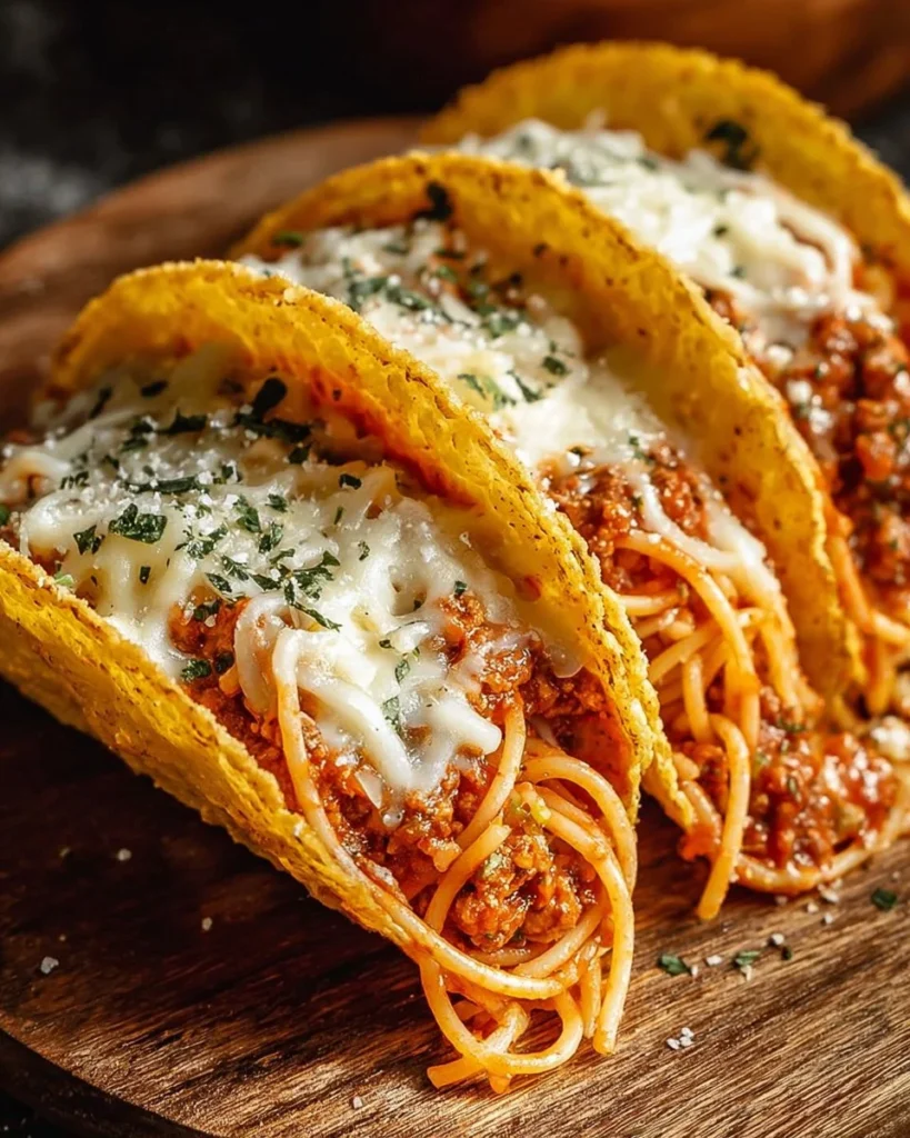 A plate of spaghetti tacos featuring seasoned pasta stuffed in taco shells.