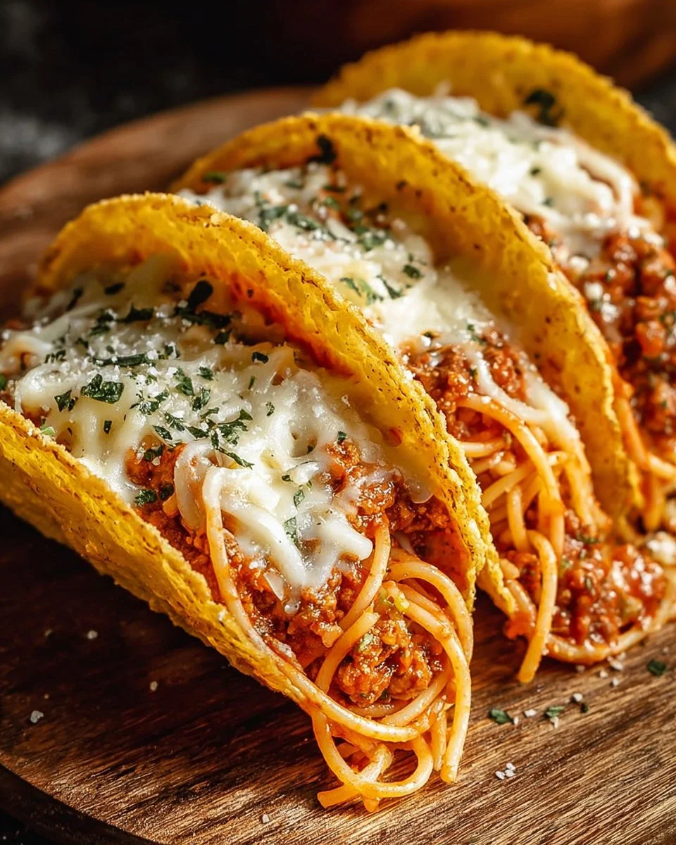 A plate of spaghetti tacos featuring seasoned pasta stuffed in taco shells.