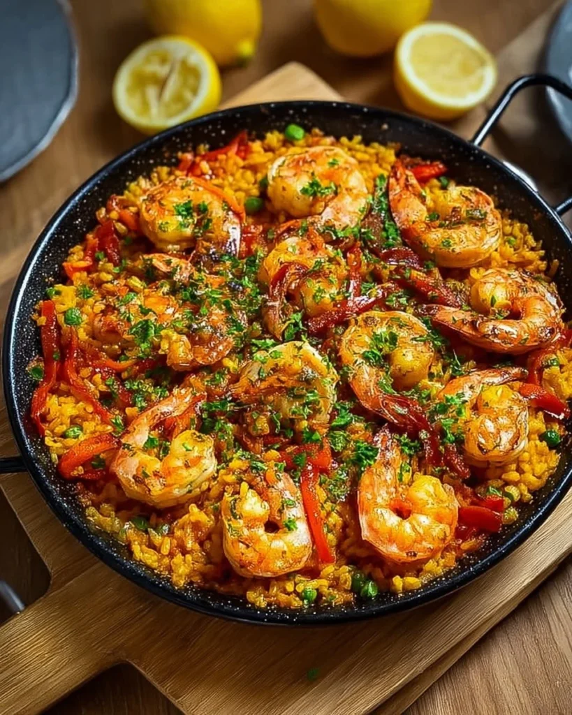 Delicious Spanish seafood paella with shrimp, mussels, and saffron rice