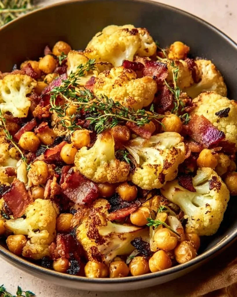 A vibrant dish of spiced cauliflower and chickpeas served in a bowl