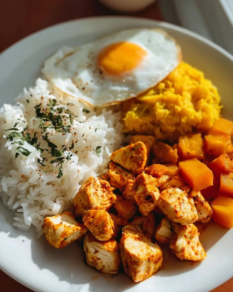 Spiced chicken and egg bowl with rice and butternut squash on a plate