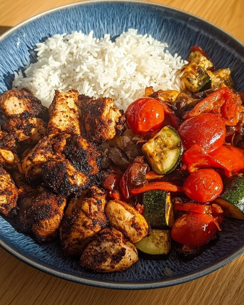 A delicious spiced chicken and roasted veggie bowl garnished with fresh herbs.