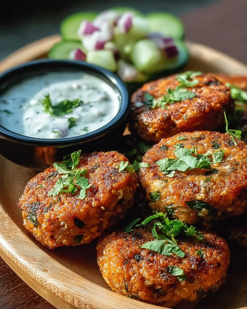 Spiced lentil patties served with cucumber yogurt on a plate.