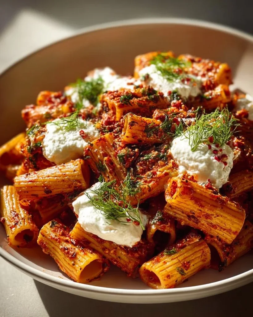 Delicious Spicy Burrata Pesto Rigatoni served with fresh basil and cherry tomatoes