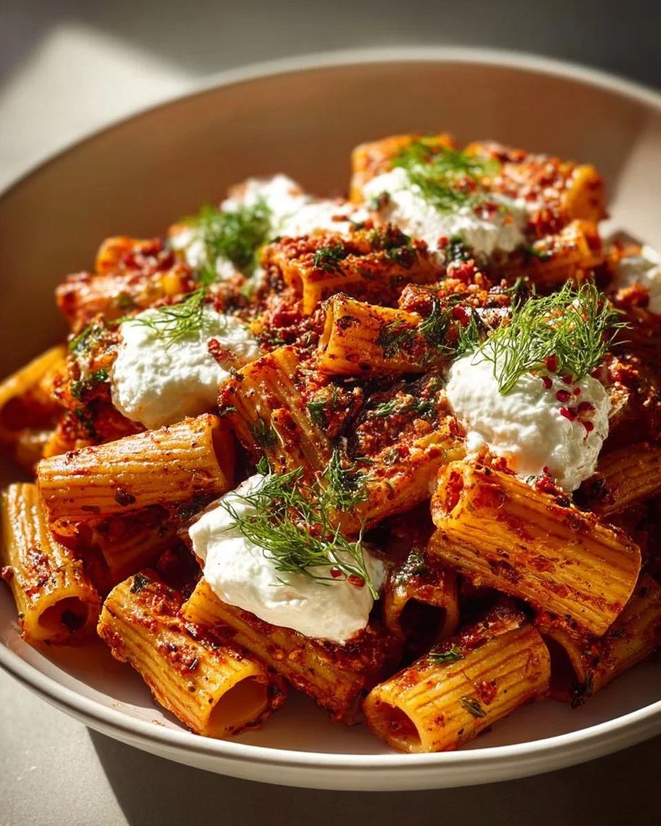 Delicious Spicy Burrata Pesto Rigatoni served with fresh basil and cherry tomatoes