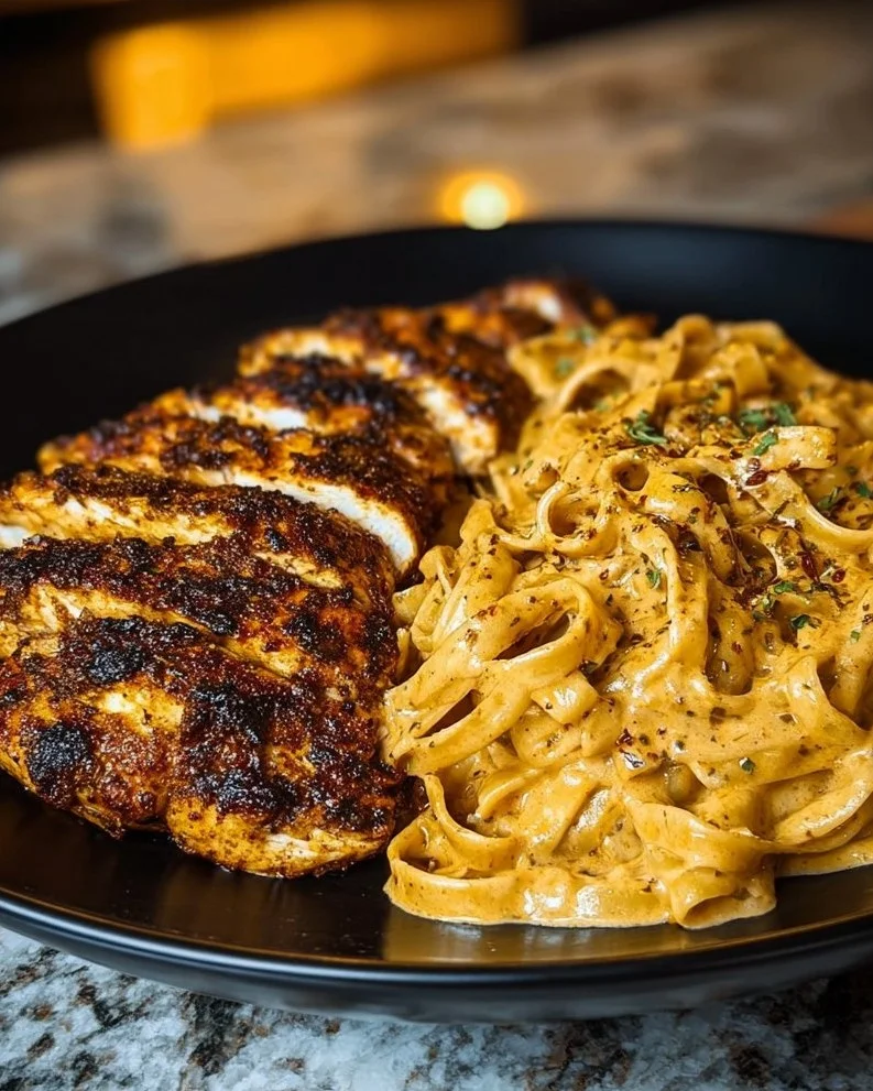 Spicy Cajun Chicken Linguine in creamy garlic Parmesan sauce served in a bowl