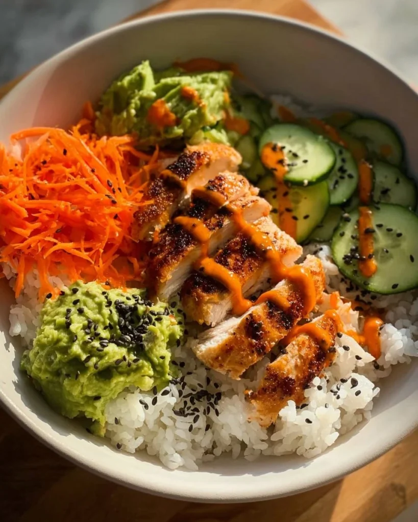 Spicy Chicken Rice Bowl with fresh veggies and tender chicken